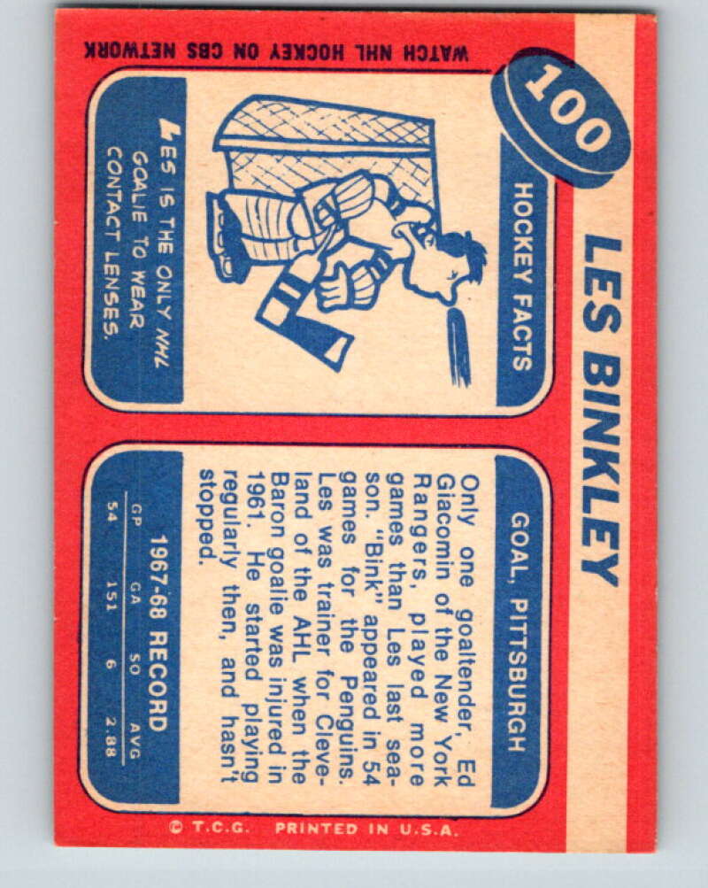 1968-69 Topps NHL #100 Les Binkley RC Rookie Pittsburgh Penguins V11813