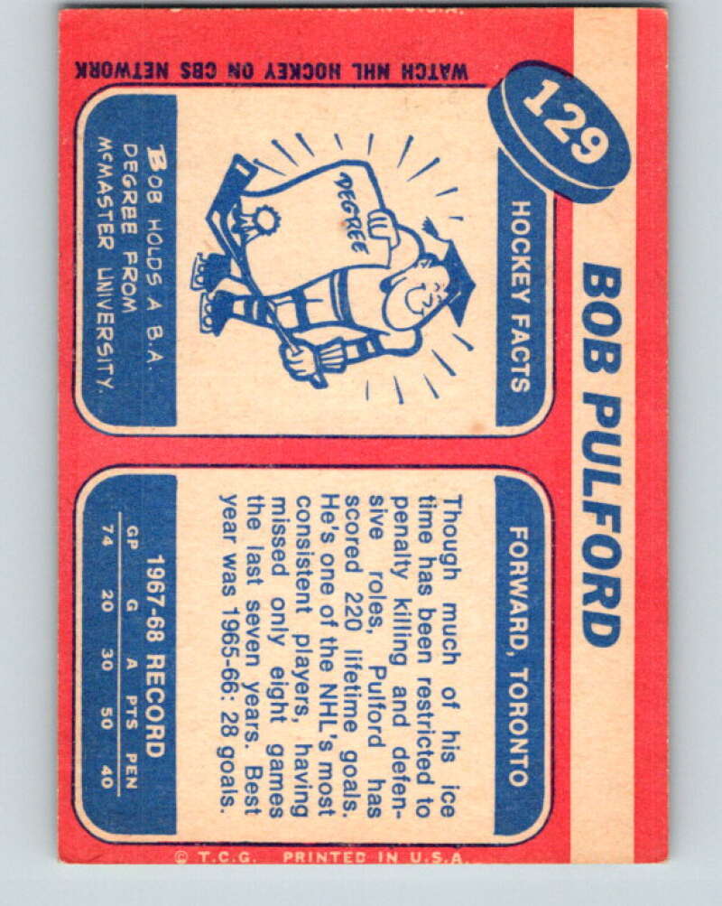 1968-69 Topps NHL #129 Bob Pulford Toronto Maple Leafs V11822