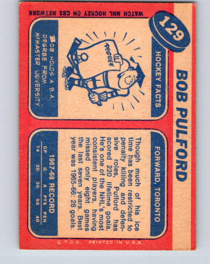 1968-69 Topps NHL #129 Bob Pulford Toronto Maple Leafs V11823