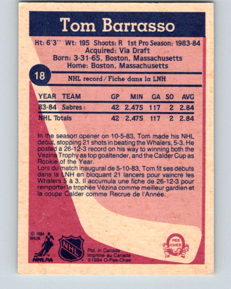 1984-85 O-Pee-Chee #18 Tom Barrasso RC Rookie Buffalo Sabres V11830