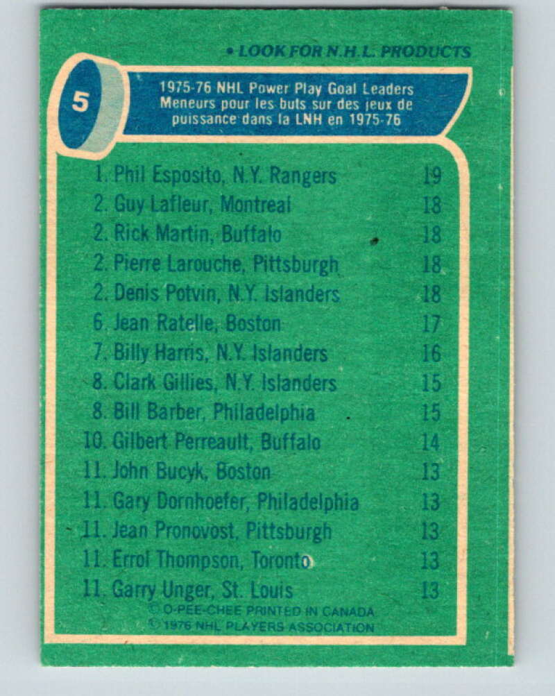 1976-77 O-Pee-Chee #5 Esposito/Lafleur/Martin/Larouche/Potvin LL V11871