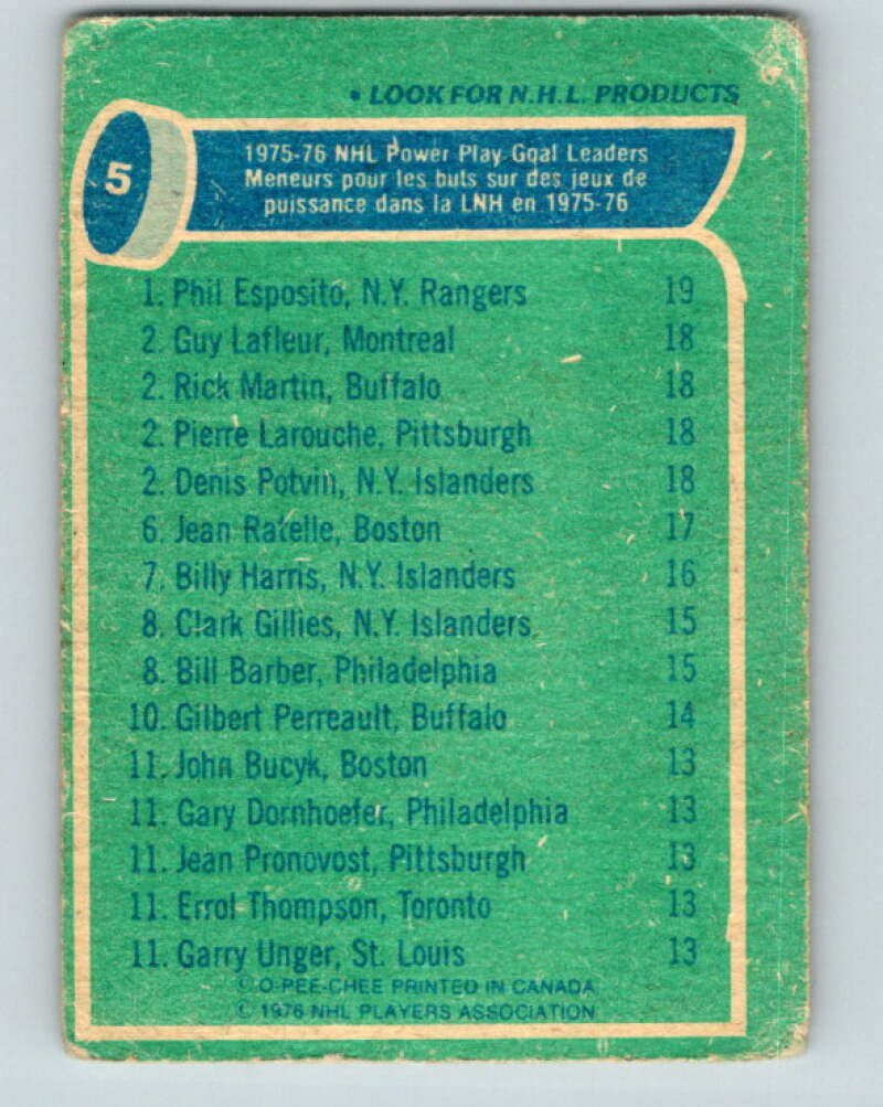 1976-77 O-Pee-Chee #5 Esposito/Lafleur/Martin/Larouche/Potvin LL V11877