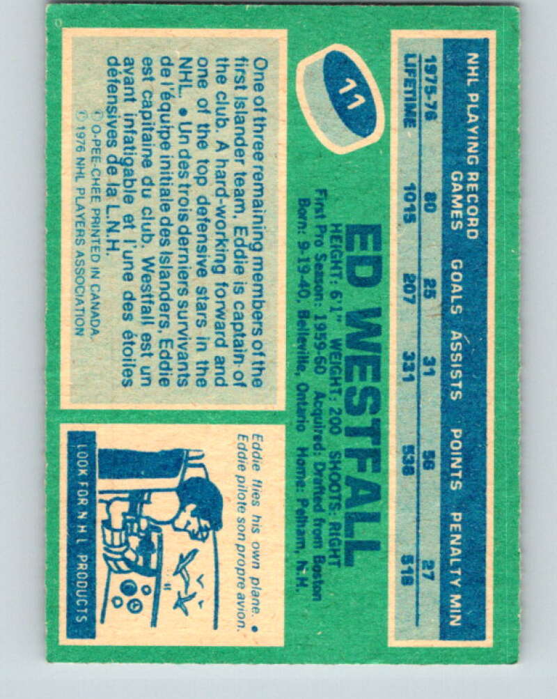 1976-77 O-Pee-Chee #11 Ed Westfall New York Islanders V11899
