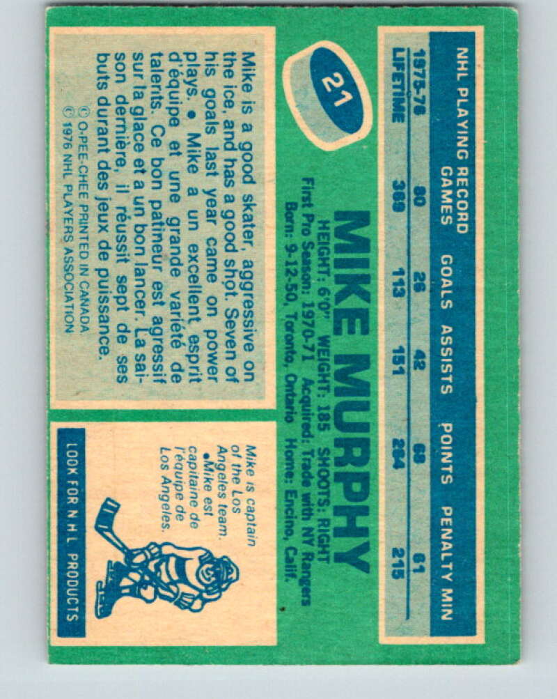1976-77 O-Pee-Chee #21 Mike Murphy Los Angeles Kings V11926