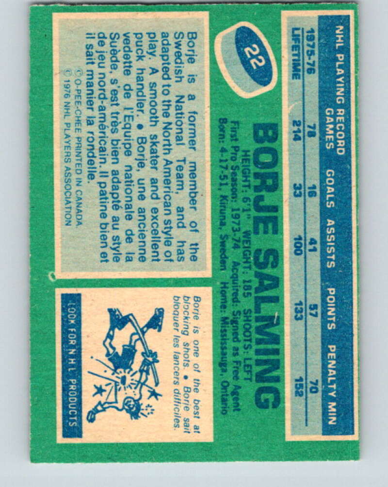 1976-77 O-Pee-Chee #22 Borje Salming Toronto Maple Leafs V11928