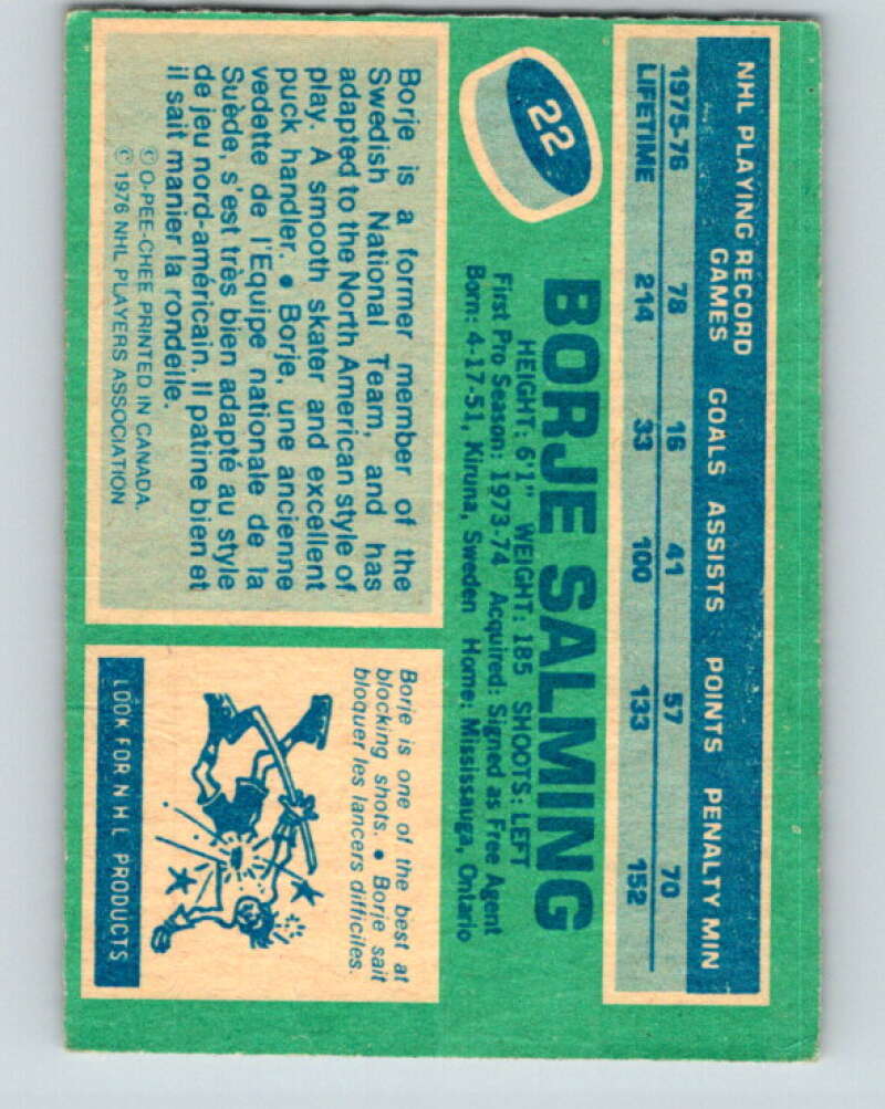 1976-77 O-Pee-Chee #22 Borje Salming Toronto Maple Leafs V11929