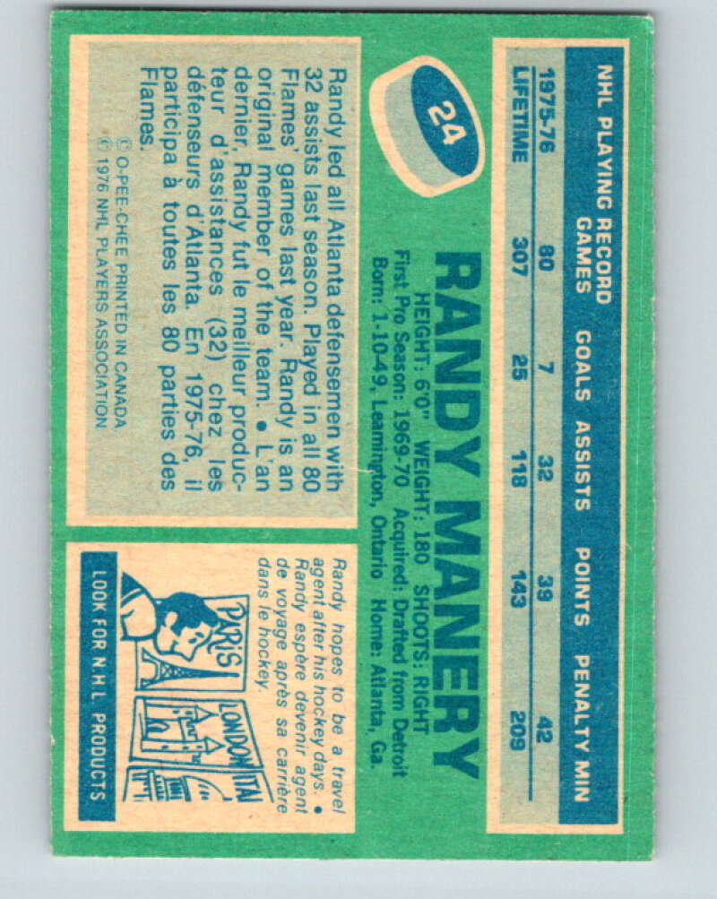 1976-77 O-Pee-Chee #24 Randy Manery Atlanta Flames V11935