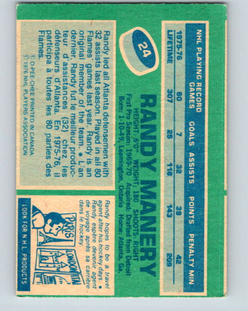 1976-77 O-Pee-Chee #24 Randy Manery Atlanta Flames V11936