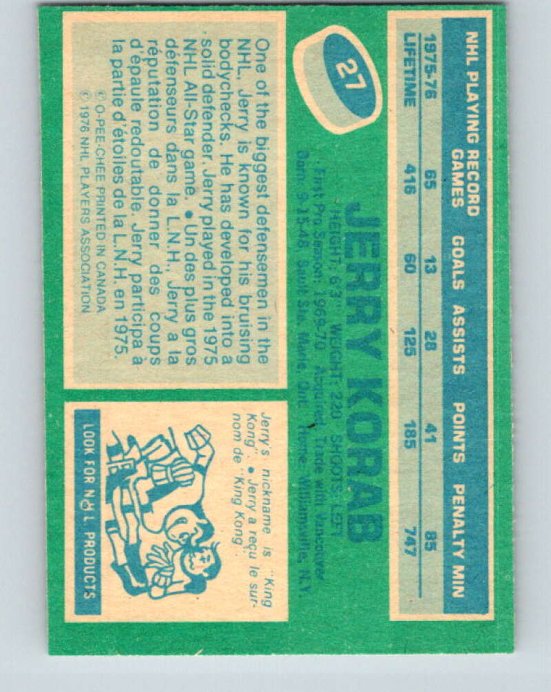 1976-77 O-Pee-Chee #27 Jerry Korab Buffalo Sabres V11944
