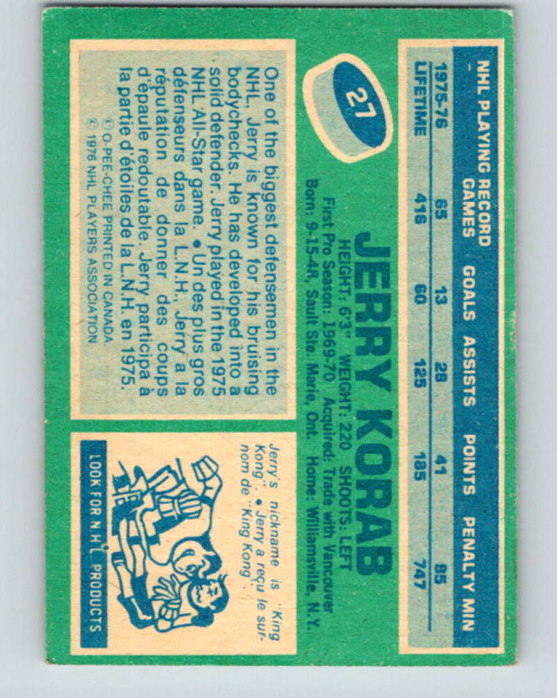 1976-77 O-Pee-Chee #27 Jerry Korab Buffalo Sabres V11945