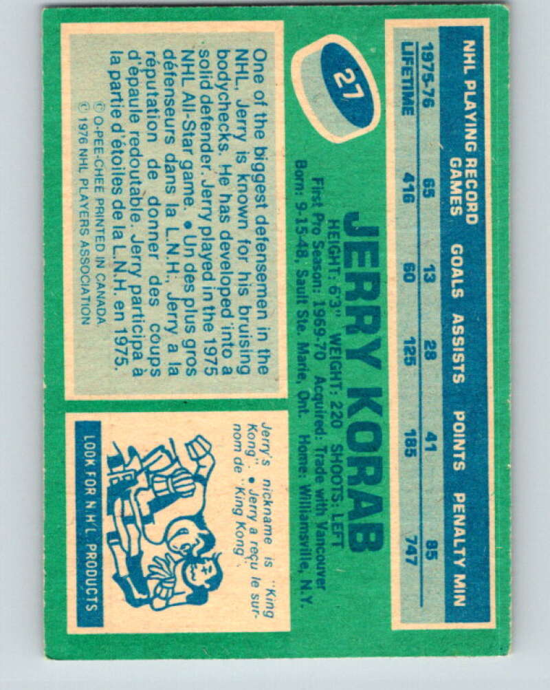 1976-77 O-Pee-Chee #27 Jerry Korab Buffalo Sabres V11946
