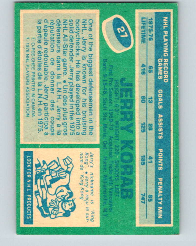 1976-77 O-Pee-Chee #27 Jerry Korab Buffalo Sabres V11947
