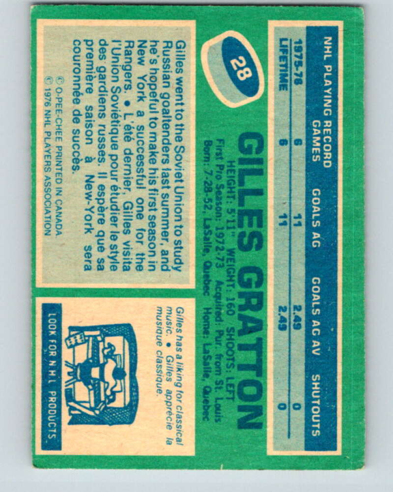 1976-77 O-Pee-Chee #28 Gilles Gratton New York Rangers V11948