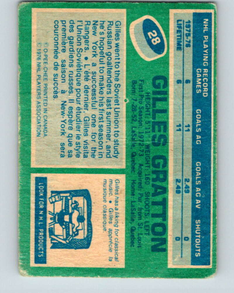 1976-77 O-Pee-Chee #28 Gilles Gratton New York Rangers V11949