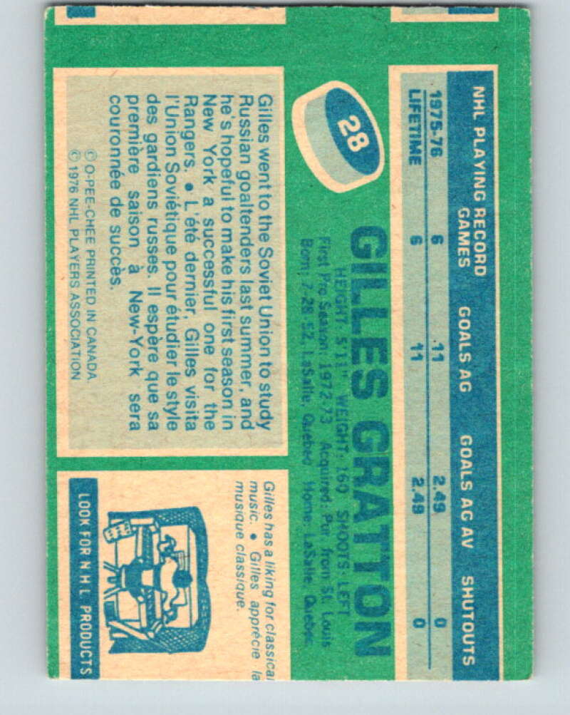 1976-77 O-Pee-Chee #28 Gilles Gratton New York Rangers V11950