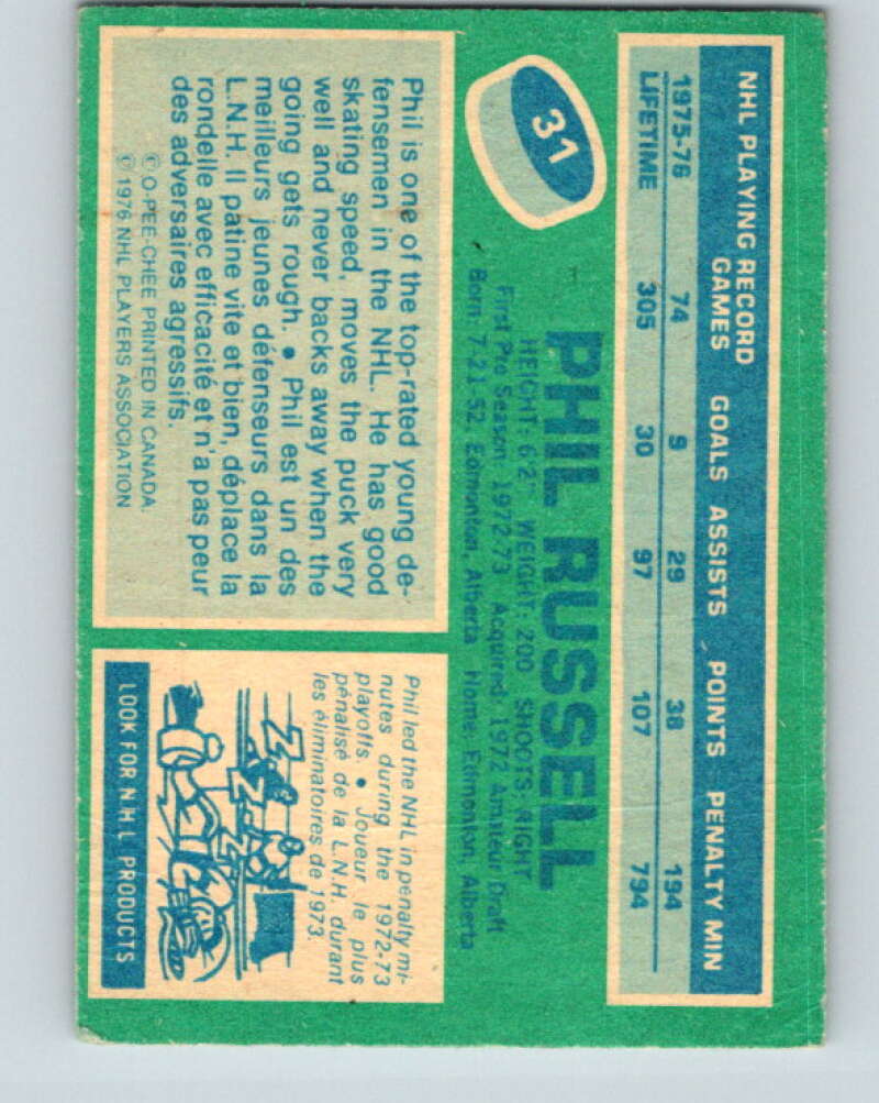 1976-77 O-Pee-Chee #31 Phil Russell Chicago Blackhawks V11958