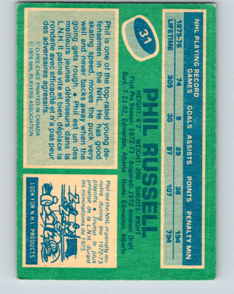 1976-77 O-Pee-Chee #31 Phil Russell Chicago Blackhawks V11959