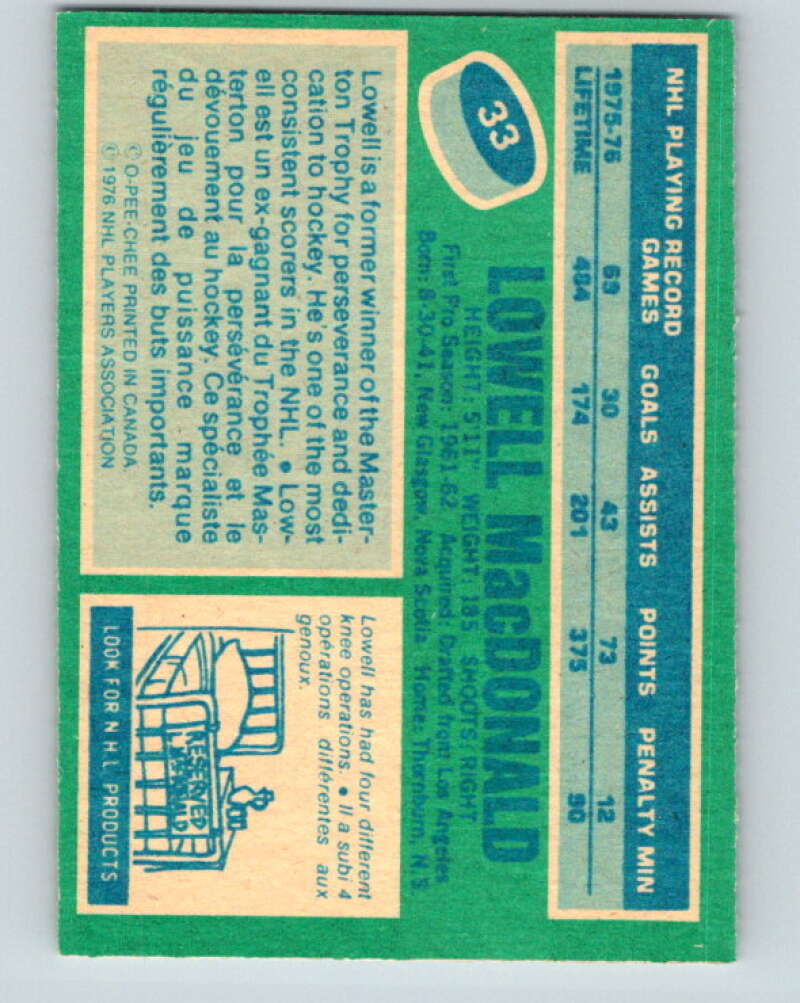 1976-77 O-Pee-Chee #33 Lowell MacDonald Pittsburgh Penguins V11965