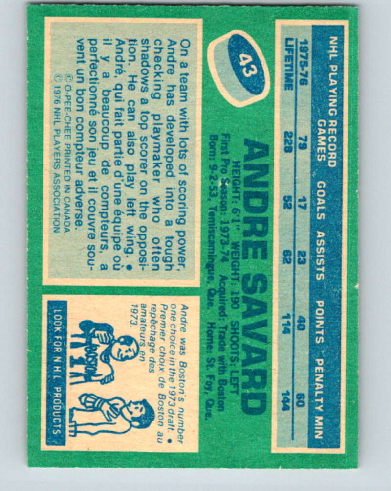 1976-77 O-Pee-Chee #43 Andre Savard Buffalo Sabres V11987