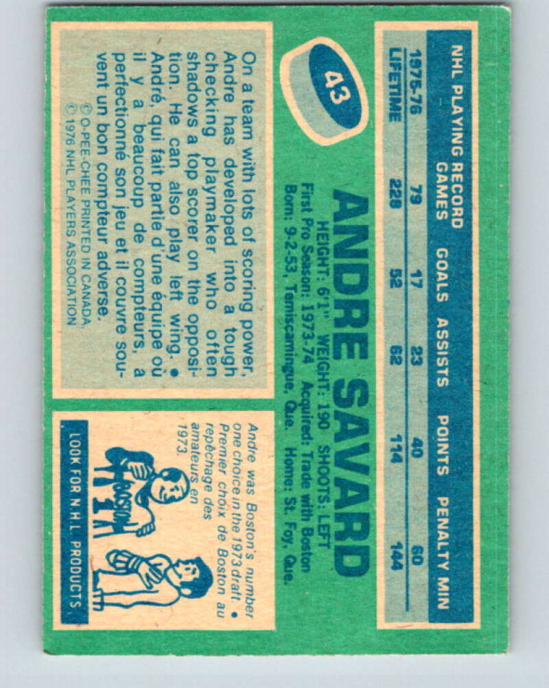 1976-77 O-Pee-Chee #43 Andre Savard Buffalo Sabres V11988