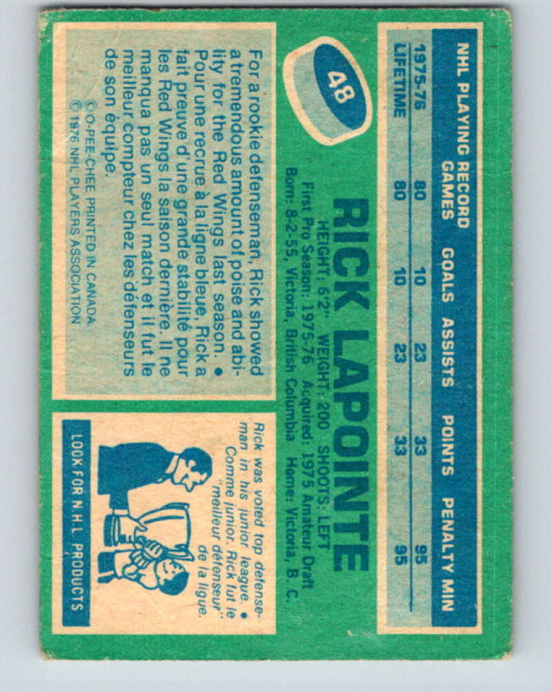 1976-77 O-Pee-Chee #48 Rick Lapointe RC Rookie Detroit Red Wings V12005