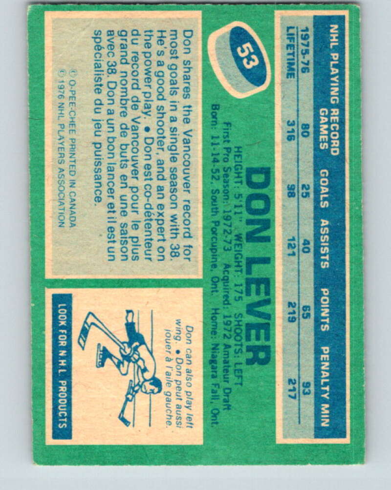 1976-77 O-Pee-Chee #53 Don Lever Vancouver Canucks V12011