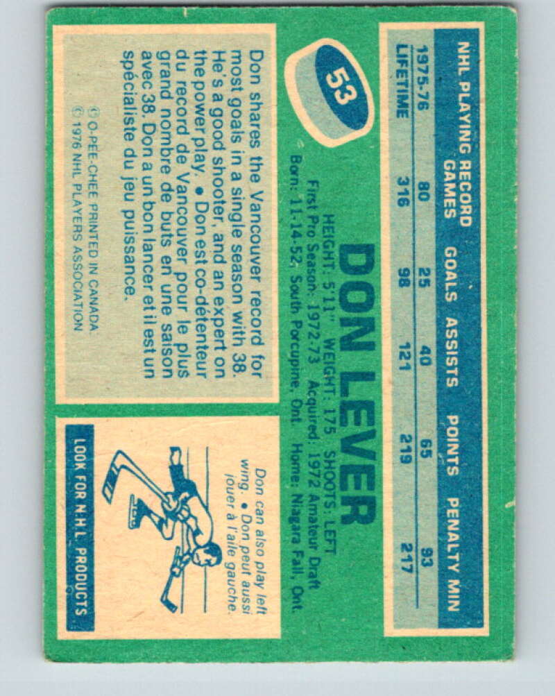 1976-77 O-Pee-Chee #53 Don Lever Vancouver Canucks V12012