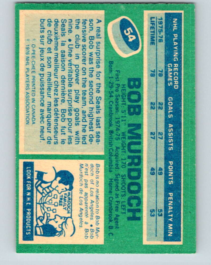 1976-77 O-Pee-Chee #54 Bob Murdoch RC Rookie Cleveland Barons V12013