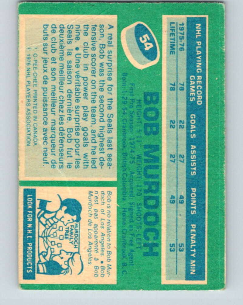 1976-77 O-Pee-Chee #54 Bob Murdoch RC Rookie Cleveland Barons V12014