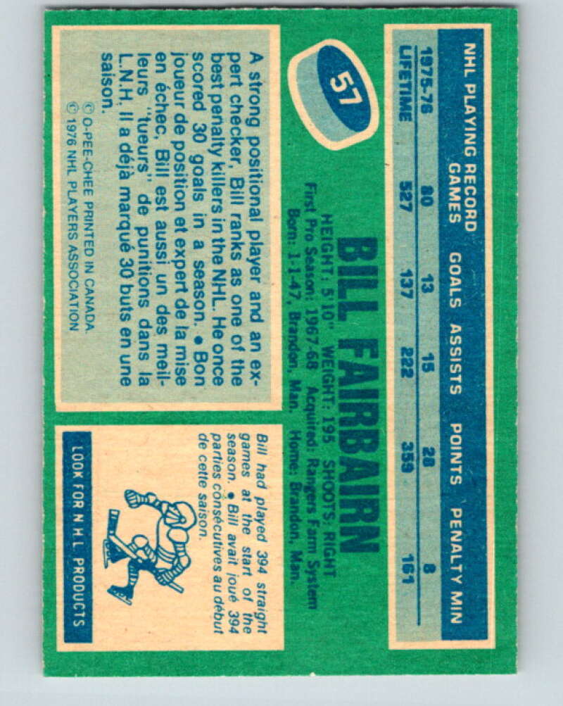 1976-77 O-Pee-Chee #57 Bill Fairbairn New York Rangers V12025