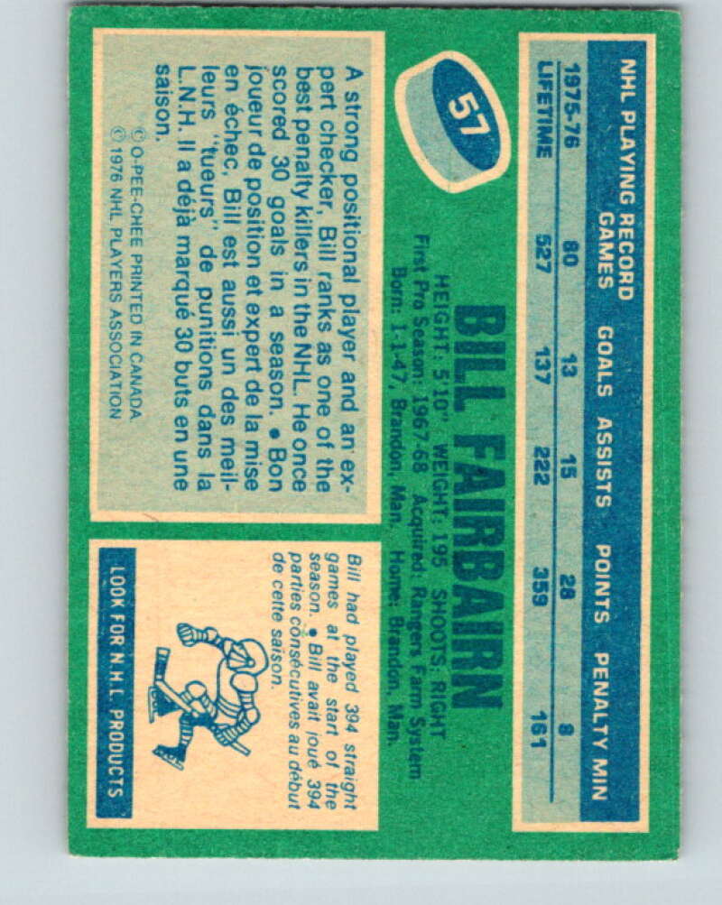 1976-77 O-Pee-Chee #57 Bill Fairbairn New York Rangers V12026