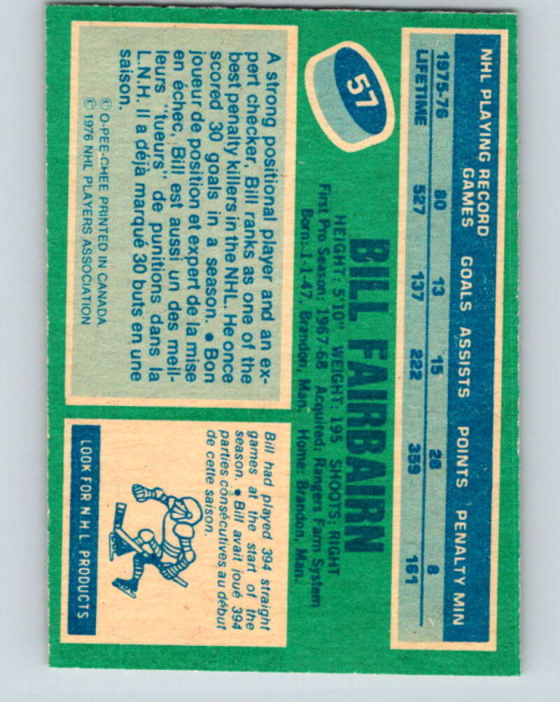 1976-77 O-Pee-Chee #57 Bill Fairbairn New York Rangers V12029