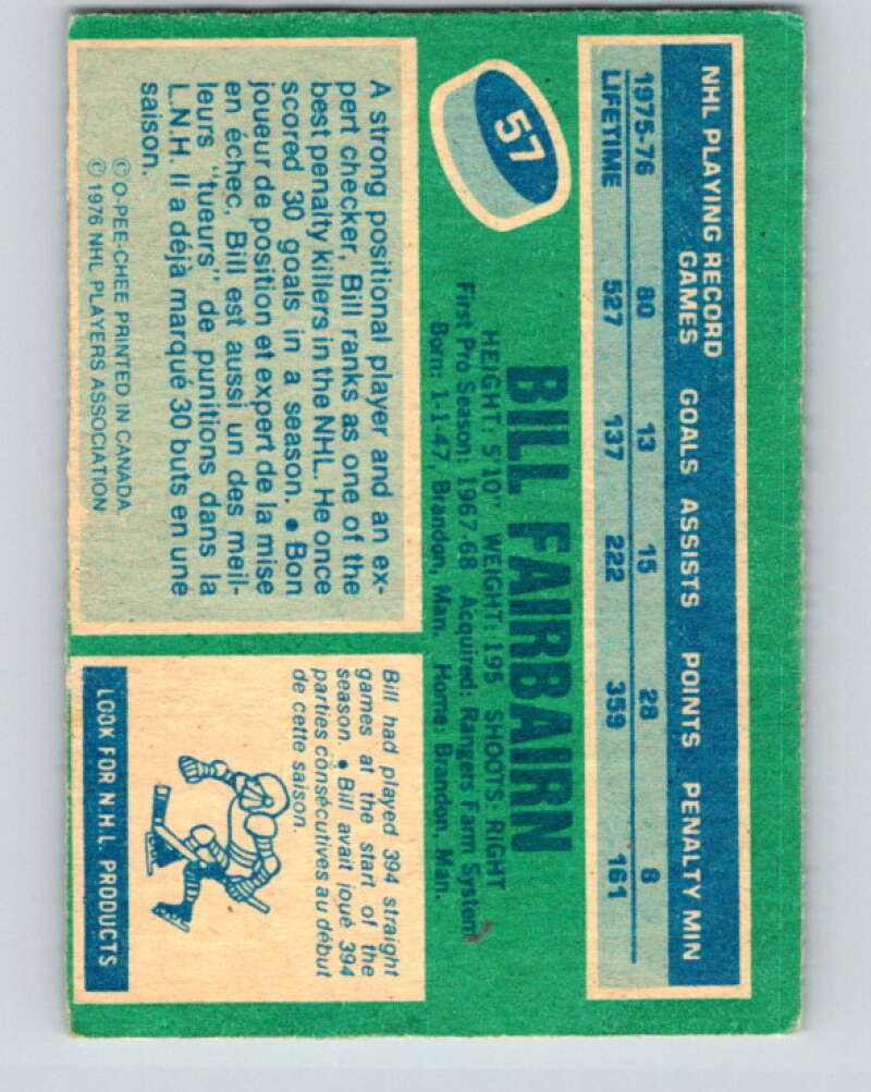1976-77 O-Pee-Chee #57 Bill Fairbairn New York Rangers V12030