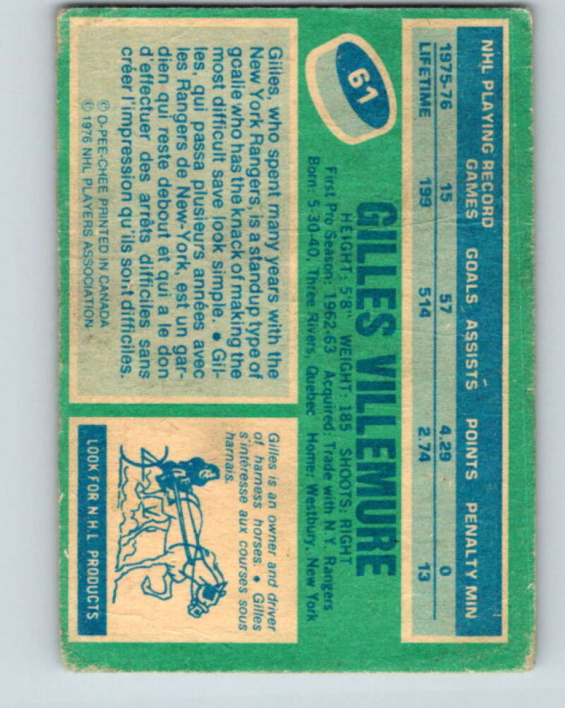 1976-77 O-Pee-Chee #61 Gilles Villemure Chicago Blackhawks V12039