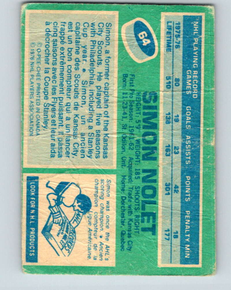 1976-77 O-Pee-Chee #64 Simon Nolet Colorado Rockies V12446