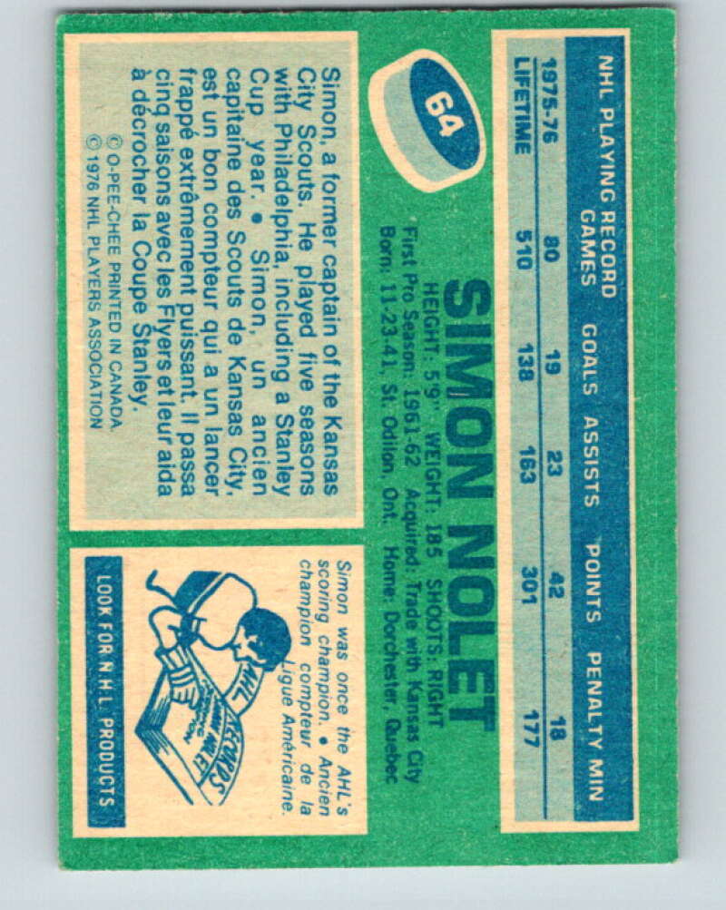 1976-77 O-Pee-Chee #64 Simon Nolet Colorado Rockies V12448