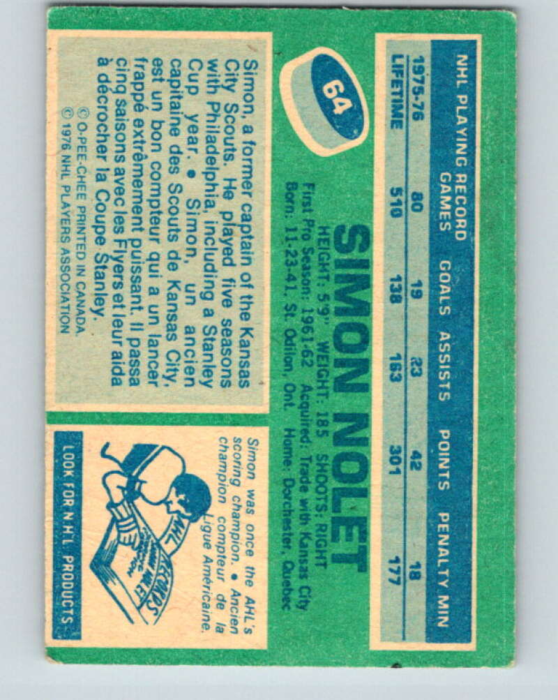 1976-77 O-Pee-Chee #64 Simon Nolet Colorado Rockies V12449