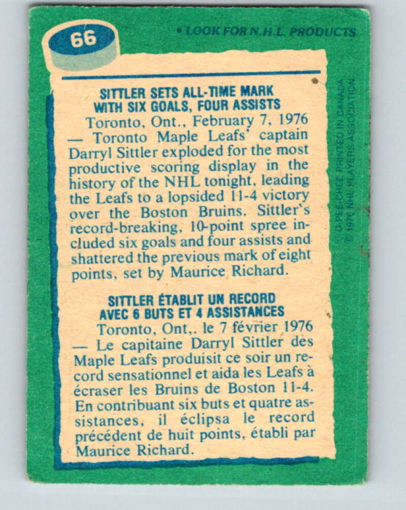 1976-77 O-Pee-Chee #66 Darryl Sittler RB Toronto Maple Leafs V12456