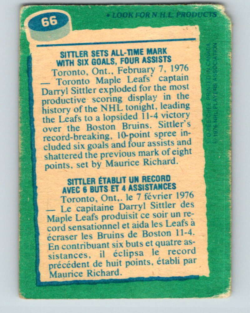 1976-77 O-Pee-Chee #66 Darryl Sittler RB Toronto Maple Leafs V12459