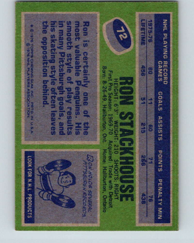 1976-77 O-Pee-Chee #72 Ron Stackhouse Pittsburgh Penguins V12477