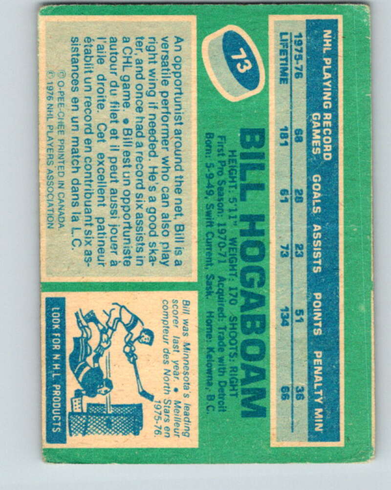 1976-77 O-Pee-Chee #73 Bill Hogaboam Minnesota North Stars V12478