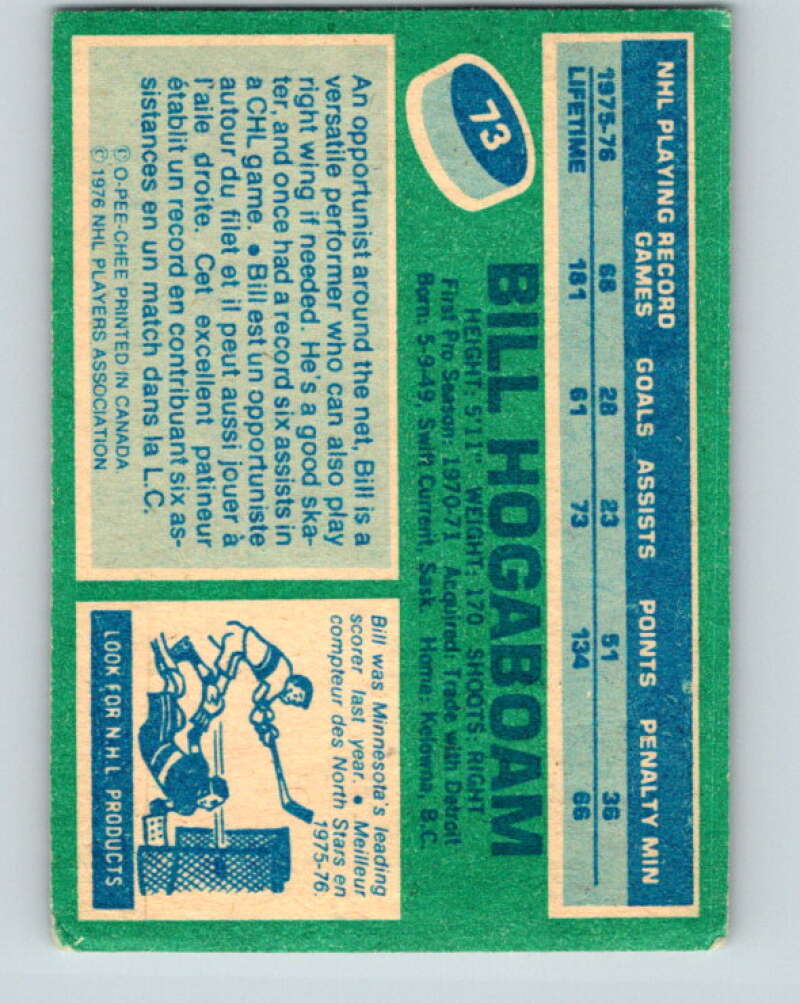 1976-77 O-Pee-Chee #73 Bill Hogaboam Minnesota North Stars V12479
