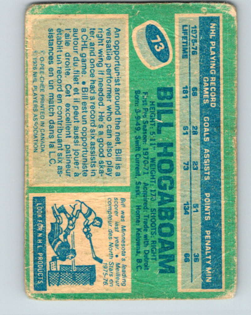 1976-77 O-Pee-Chee #73 Bill Hogaboam Minnesota North Stars V12481