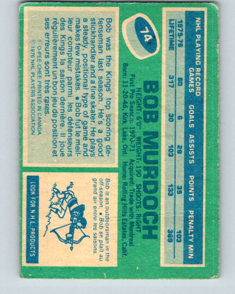 1976-77 O-Pee-Chee #74 Bob Murdoch Los Angeles Kings V12482