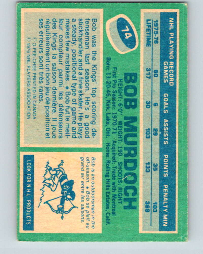 1976-77 O-Pee-Chee #74 Bob Murdoch Los Angeles Kings V12483