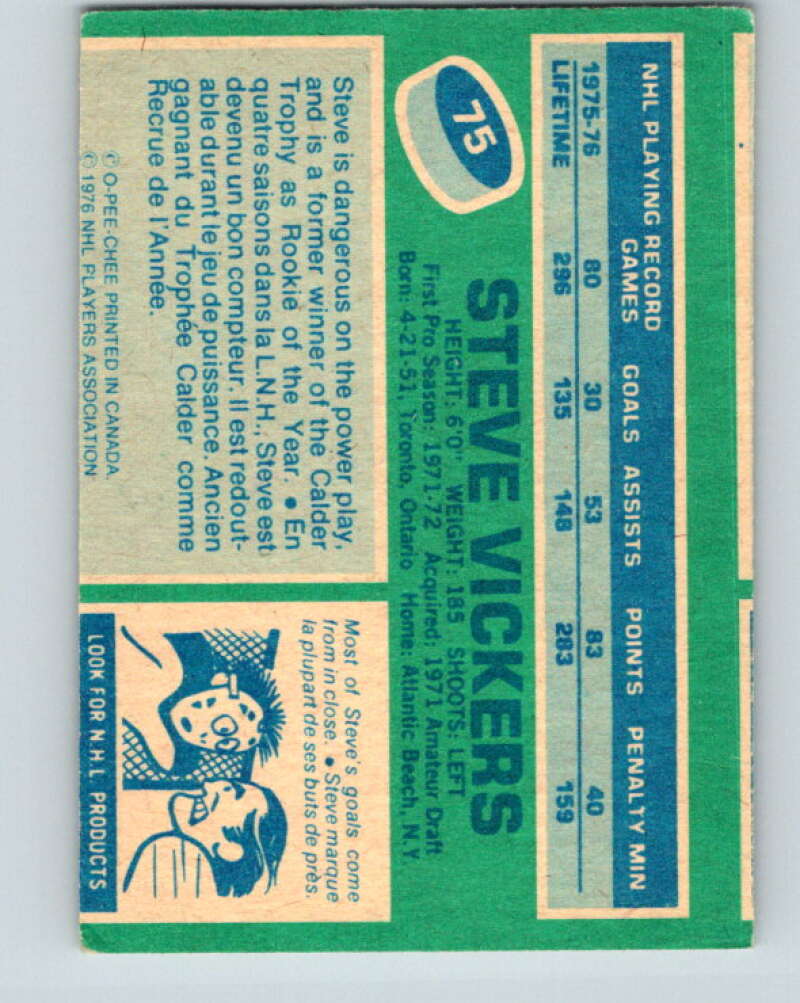 1976-77 O-Pee-Chee #75 Steve Vickers New York Rangers V12487