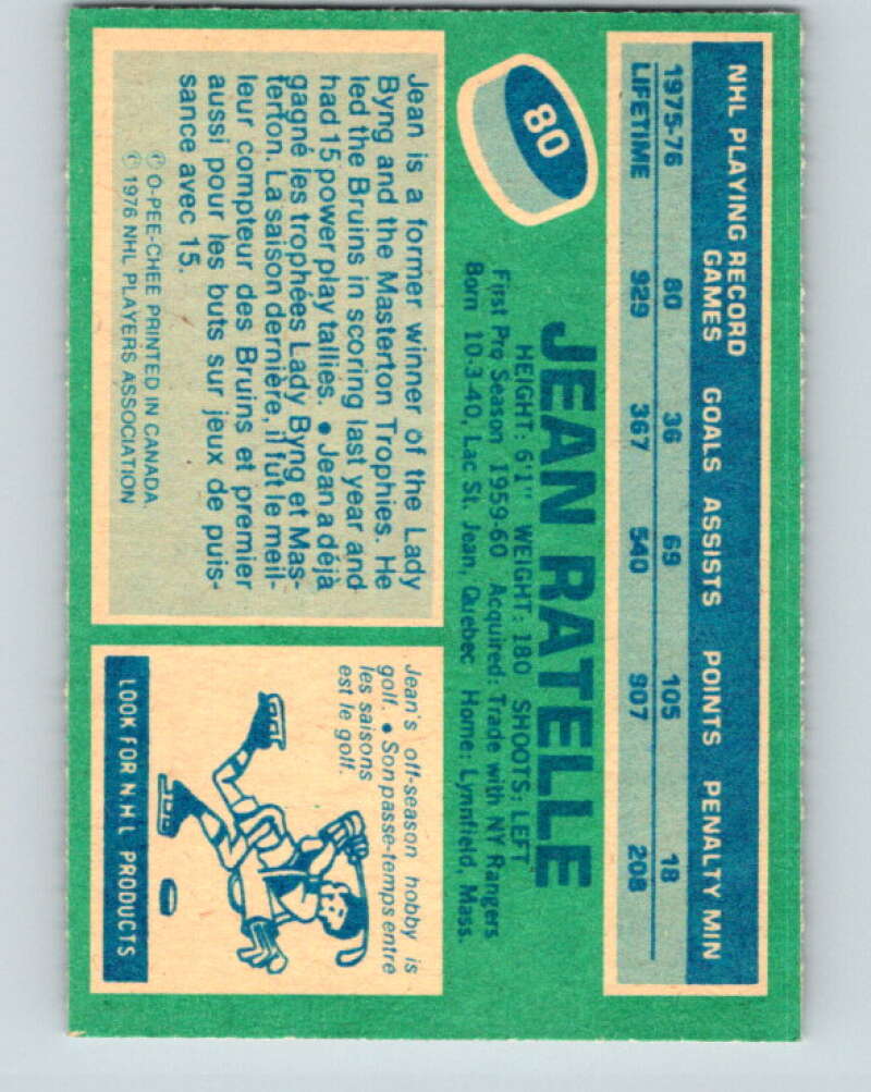 1976-77 O-Pee-Chee #80 Jean Ratelle Boston Bruins V12499