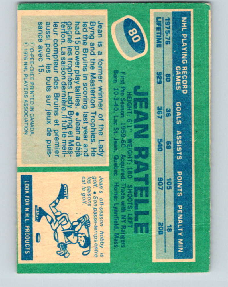1976-77 O-Pee-Chee #80 Jean Ratelle Boston Bruins V12501