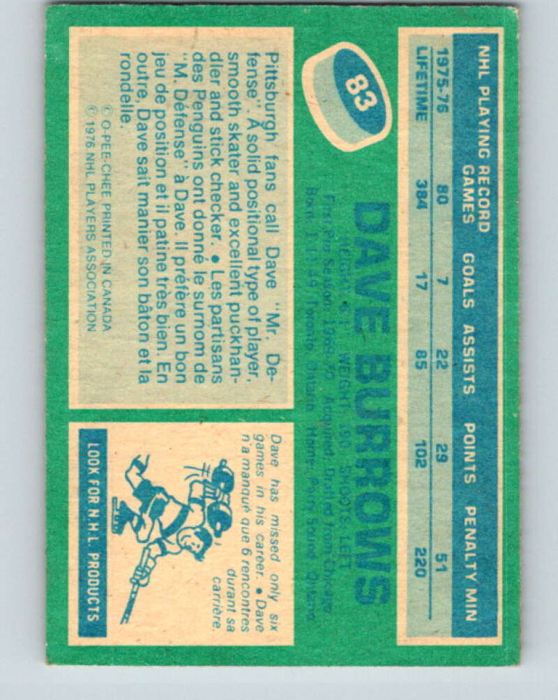 1976-77 O-Pee-Chee #83 Dave Burrows Pittsburgh Penguins V12508
