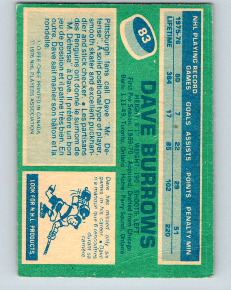 1976-77 O-Pee-Chee #83 Dave Burrows Pittsburgh Penguins V12509